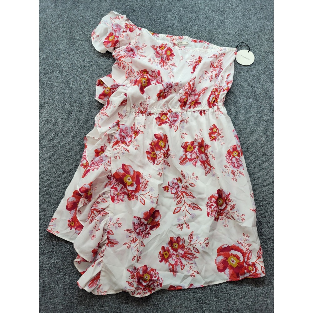 Tularosa One Shoulder Floral Ruffle Mini Dress White Red Pink Size Medium NEW
